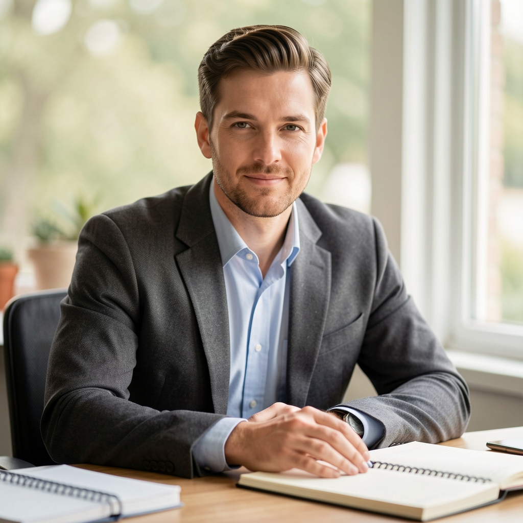 Editorial portrait soft natural light male subject seated at desk with notebooks and natural window lighting